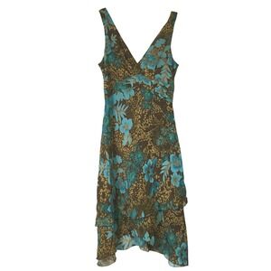 D.J. Summers Brown Teal Floral Paisley Handkerchief Hem Midi Dress Size 8 Y2K
